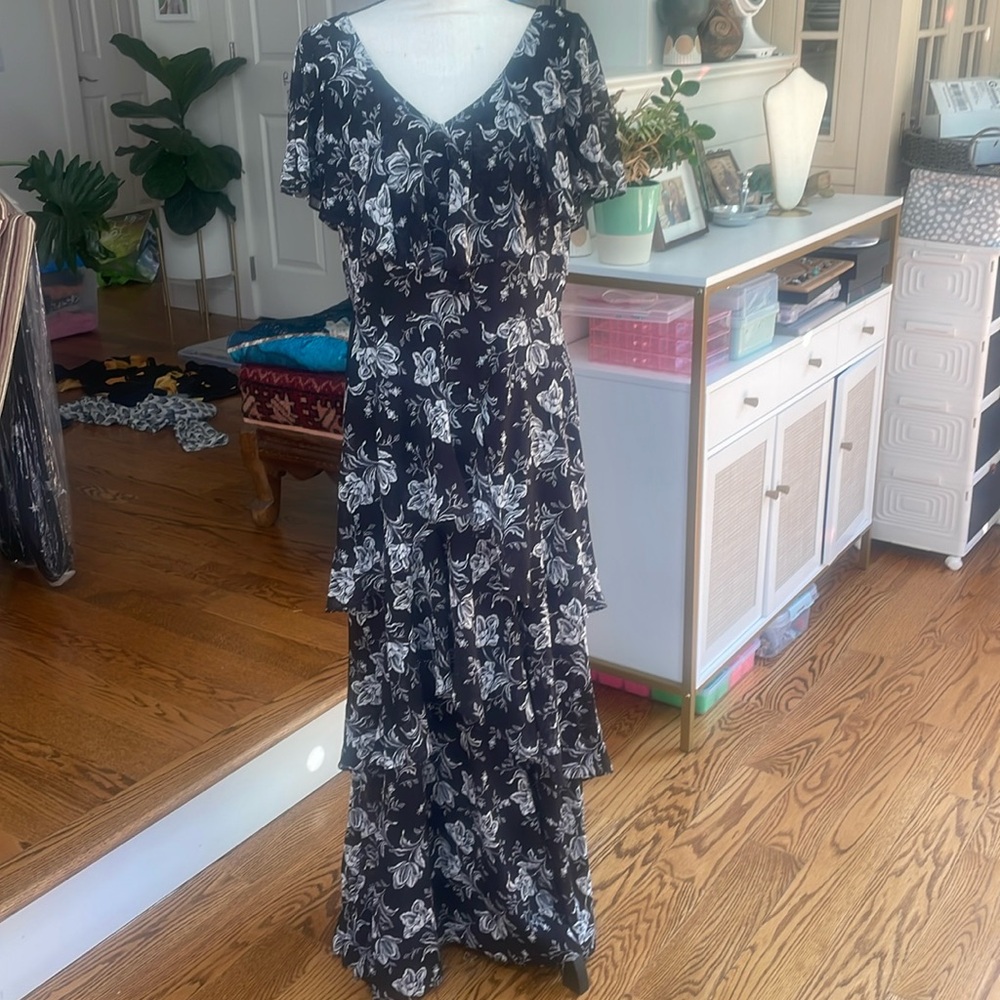 Ralph Lauren tiered Black & White Floral Evening Dress 12